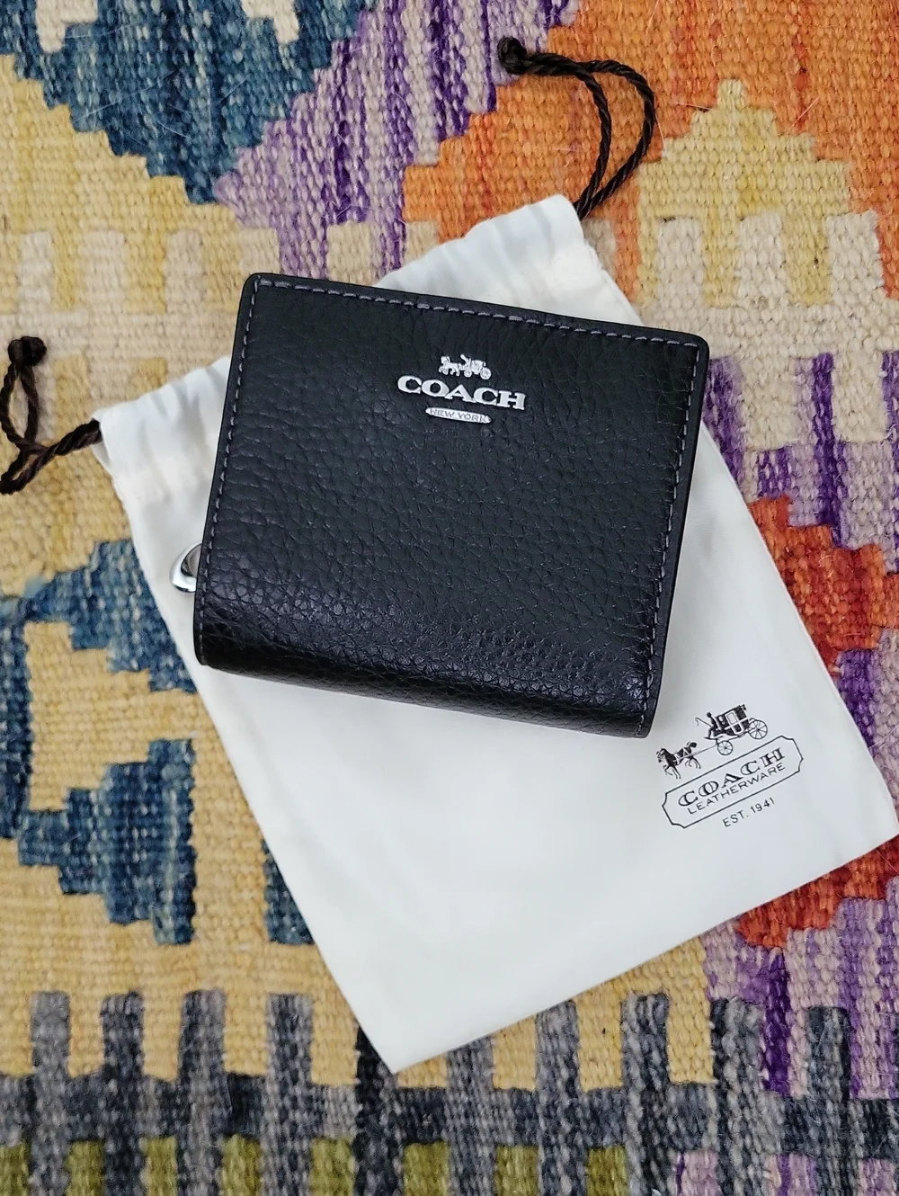 Coach Pebble Leather Snap Wallet - Black w/Silver Hardware